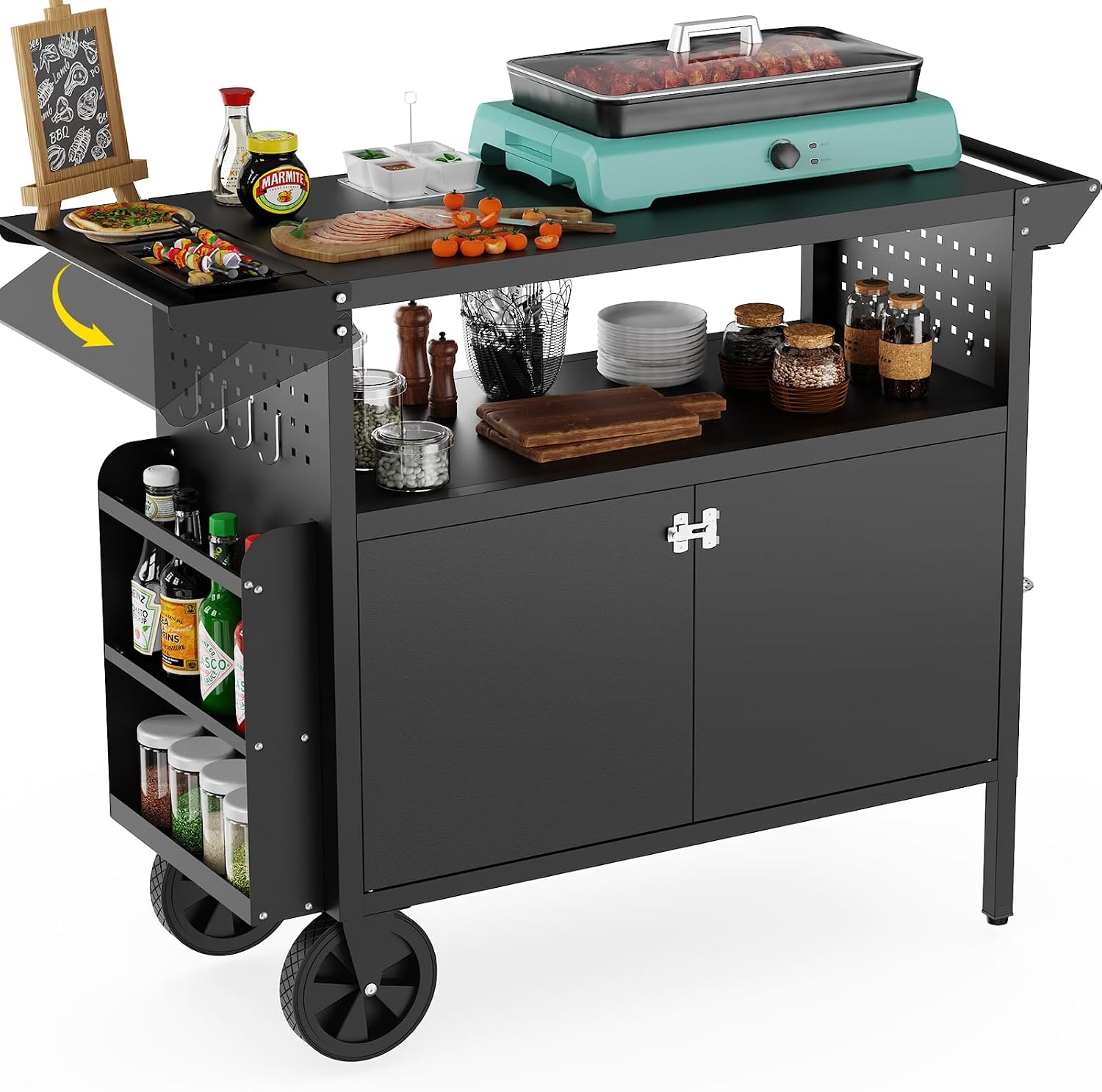 Outdoor Camping Vehicle - 屋外グリルカートテーブル、収納付きキッチンアイランド、ホイール付き折りたたみ式テーブルトップ、バーベキュー用食品準備ステーション、頑丈な金属グリドルカウンタートップ、パティオやキャンプ用