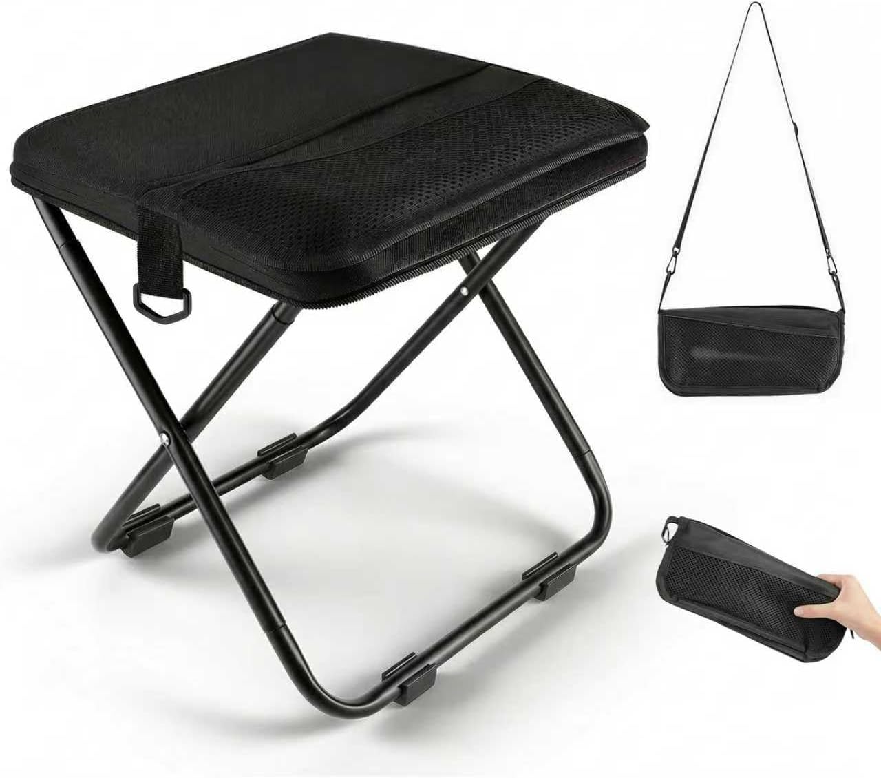 Outdoor Camping Outlet - GMOX キャンプ用スツール ポータブルチェア：全地形対応折りたたみ式ポケットスツール、4つの滑り止め足、耐荷重270ポンド、3秒で設置可能。 5000サイクルテスト済み、過酷な場所、キャンプ、釣り、旅行に最適、ブラック。