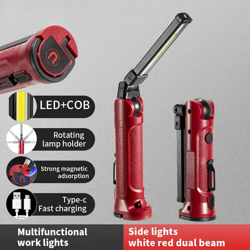 Outdoor Camping Vehicle - COB LED ワークライト充電式折りたたみ懐中電灯屋外キャンプ車修理照明ポータブルランプ磁気吊り下げフック付き