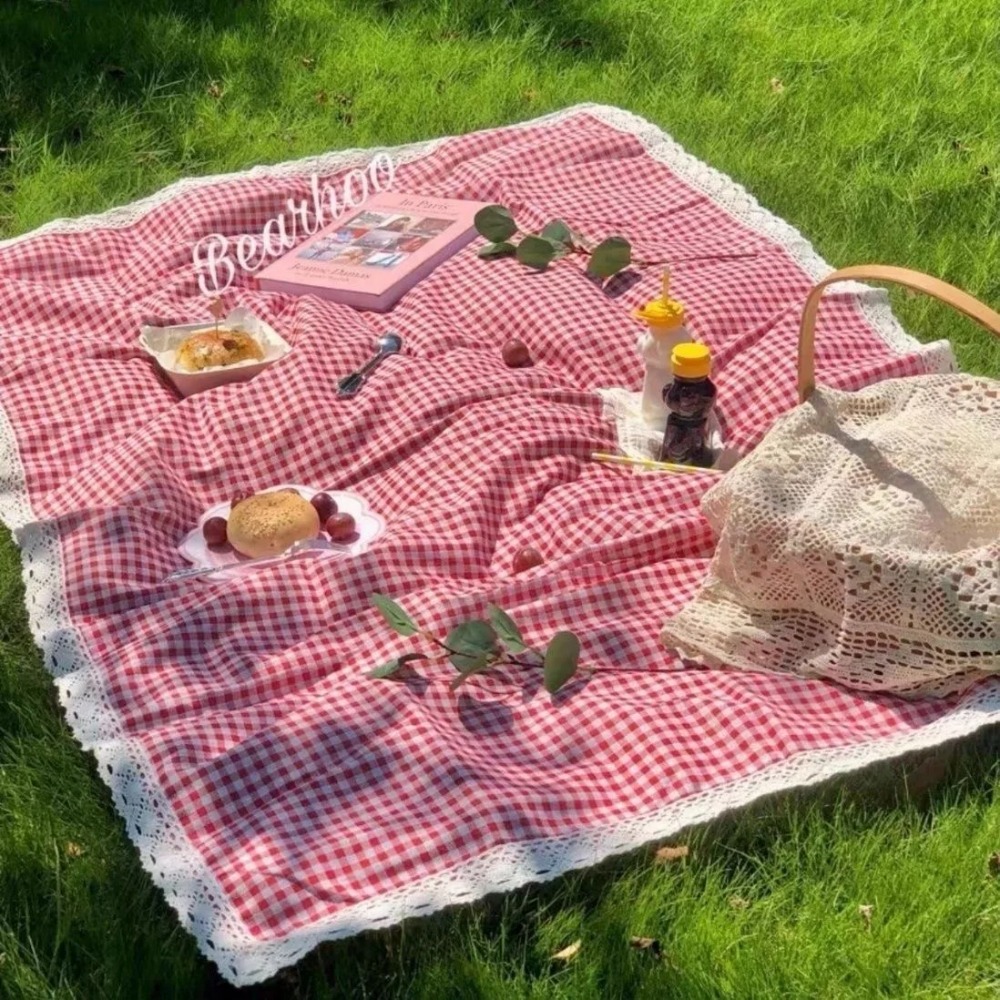 Outdoor Camping Mattress - 1pc 屋外ピクニックマット、夏用厚手防水ビーチブランケット、レースレッドチェック柄キャンプマット、テーブルクロスマット