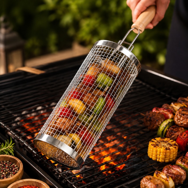 Outdoor Camping Youtube - 丸型バーベキューグリルバスケットセット ステンレス製回転式スチールメッシュチューブ ハンドル付きバーベキューグリル アウトドアキャンプに欠かせないアイテム