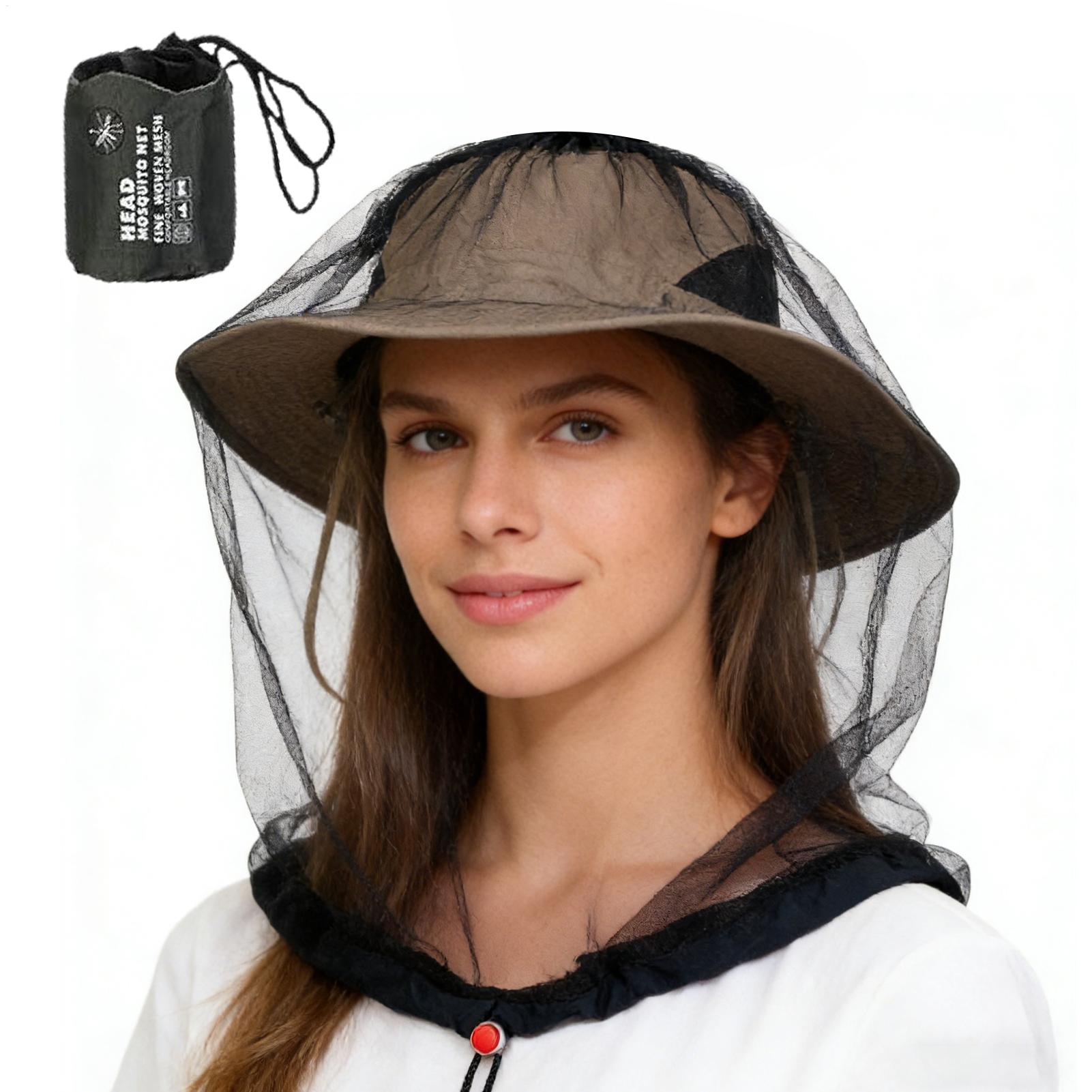 Outdoor Camping Mosquito Net - 通気性のあるフライヘッドネット、巾着付きの細かいメッシュ蚊帳帽子、釣り、キャンプ、ハイキング用、首を保護するためのエクストラレングス。