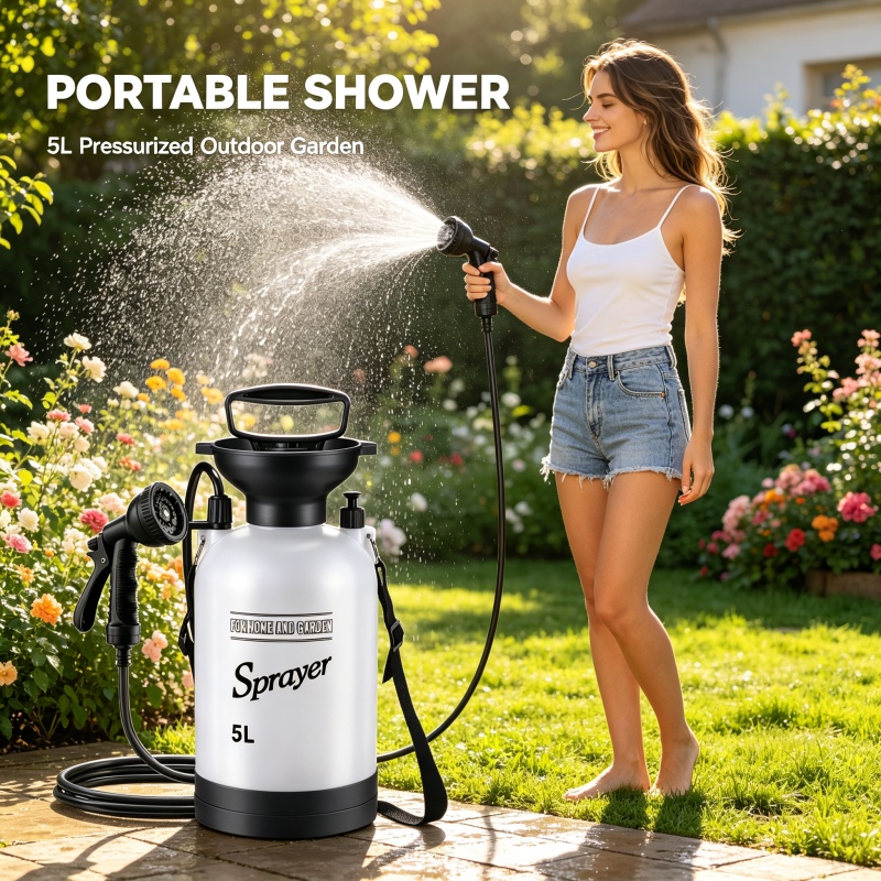 5L携帯用キャンプシャワー手動圧力噴霧器、調整可能なノズル付 - Outdoor Camping Water Tank のレビューと価格