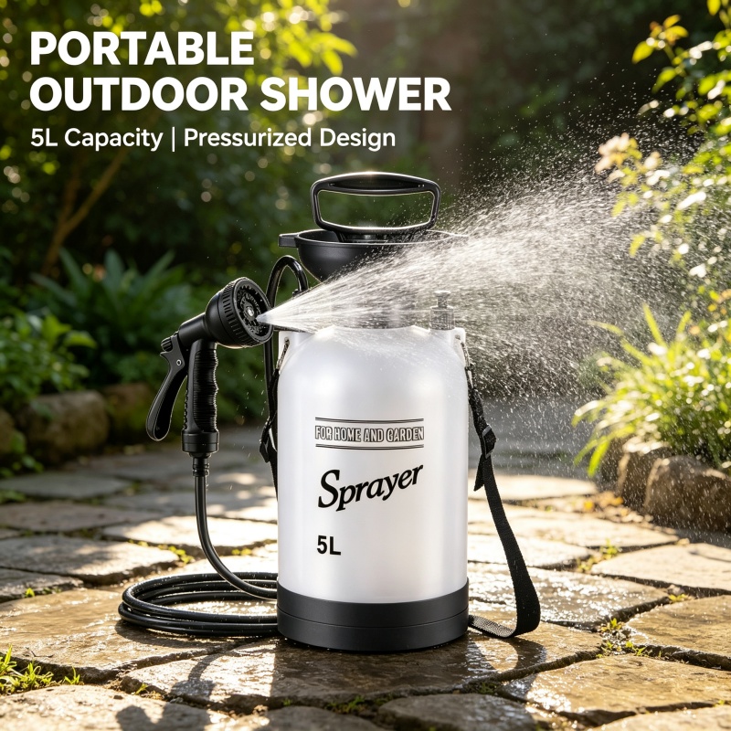 5L携帯用キャンプシャワー手動圧力噴霧器、調整可能なノズル付 - Outdoor Camping Water Tank のレビューと価格
